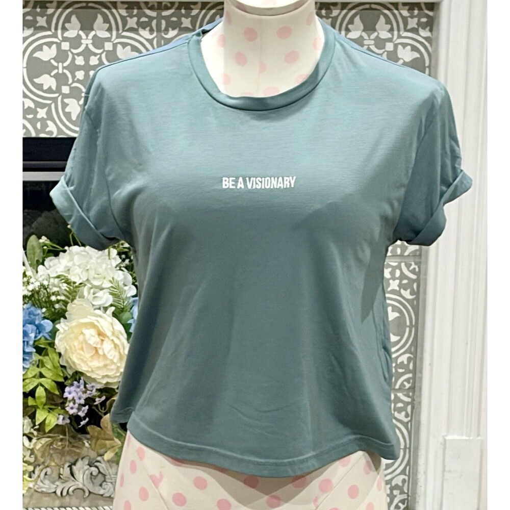 GYMSHARK "Be A Visionary" Sage Green Roll Sleeve Cropped T-Shirt -Small - EUC